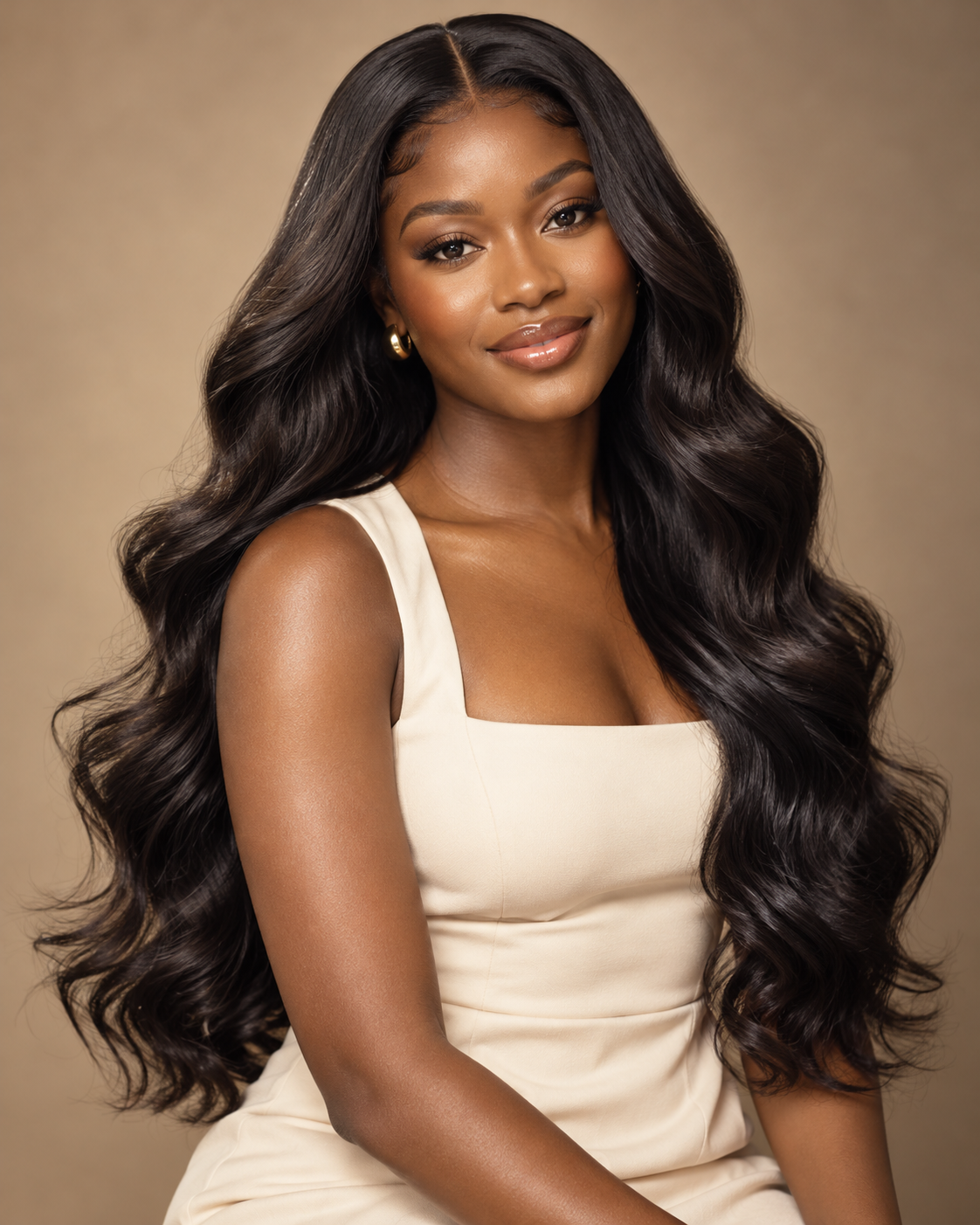Long glossy black waves styled with a centre part